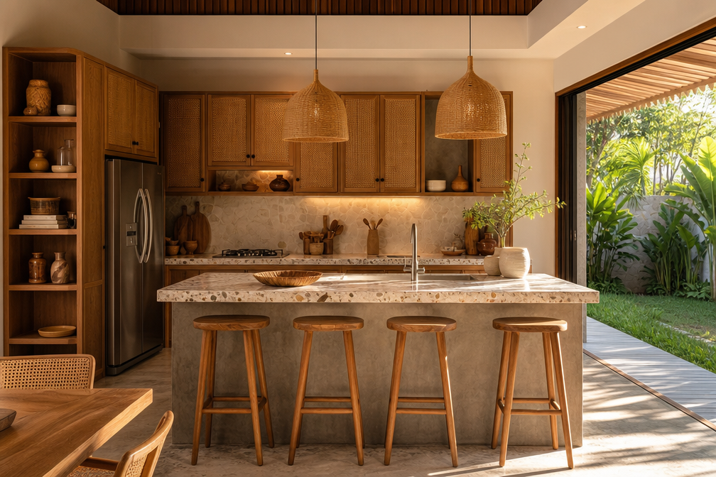 Dapur terbuka hasil renovasi dengan island terrazzo dan kabinet kayu